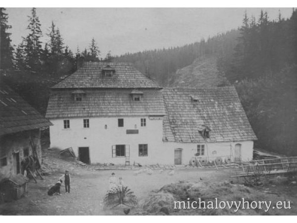 Tentýž mlýn z druhé strany náhonu. Dnes jsou zde jen ruiny zbytky dvou mlecích stolic jedna takřky rozpadlá dřevěná hřídel z kola a koryta ze stáje