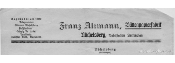 Hlavičkový papír Michalohorské papírny s nepřesně uváděným datem založení 1600