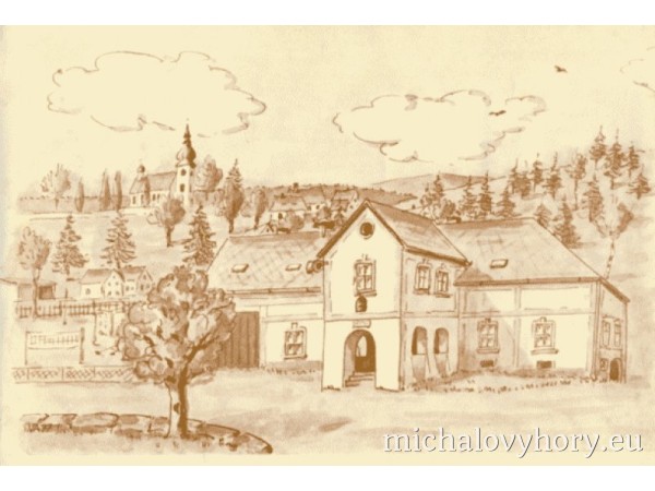 Zajímavá fantazie pana Válka. Tento obraz byl vytvořen jako ilustrace k čestnému uznání rady MNV v Michalkách. Budova pošty je zřejmá, ale les nad ní ve skutečnosti není, kostel je na protilehlém svahu a hřiště je u hospody